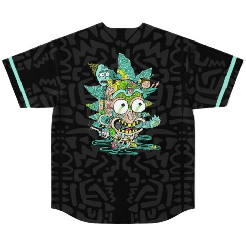 Back view, black abstract doodle rave jersey, mint trim, cartoon-style melting face graphic