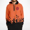 Front view of orange anime-inspired hoodie with black flame hem and red swirl emblem