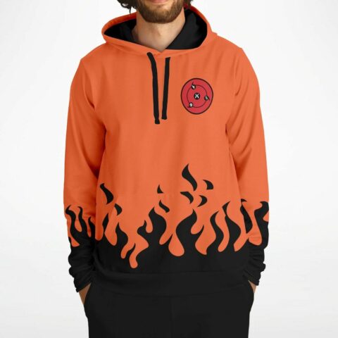 Front view of orange anime-inspired hoodie with black flame hem and red swirl emblem