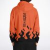 Back view of orange hoodie showing black flame design and vertical Japanese text