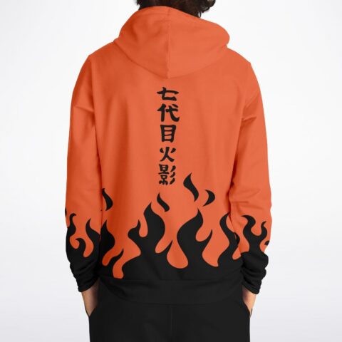 Back view of orange hoodie showing black flame design and vertical Japanese text