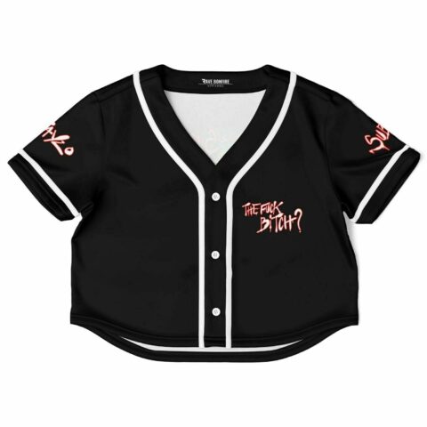 Black cropped rave jersey with white trim and bold text.