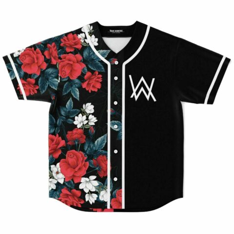 Half black half red rose print rave baseball jersey flat lay front view