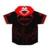 Black and red hooded baseball jersey front view with snap buttons and flame accents