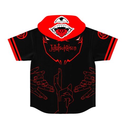 Black and red hooded baseball jersey front view with snap buttons and flame accents