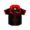 Sorcery hand sign line art covers the back below a red flame-collar design
