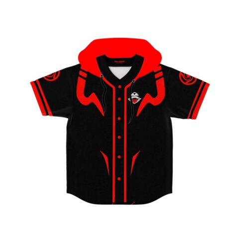 Sorcery hand sign line art covers the back below a red flame-collar design