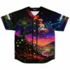 Sacred geometry sunset tree baseball jersey flat lay with glowing butterflies and mountain lake scene