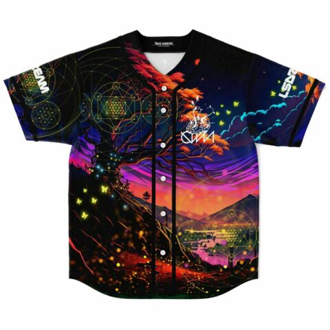 Sacred geometry sunset tree baseball jersey flat lay with glowing butterflies and mountain lake scene
