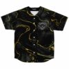 Black gold liquid marble baseball jersey with horned skull emblem on chest, flat lay