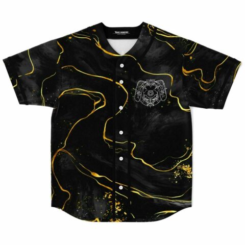 Black gold liquid marble baseball jersey with horned skull emblem on chest, flat lay