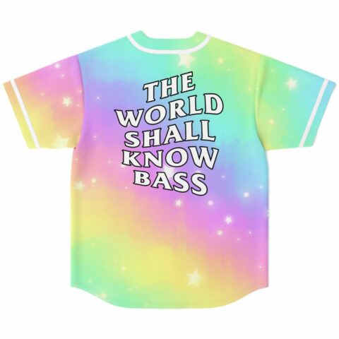Pastel rainbow cloud print baseball jersey showing The World Shall Know Bass text, back view