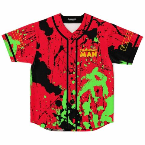 Red chainsaw wielding rave baseball jersey laid flat showing splatter print and Chainsaw Man text