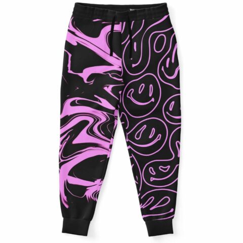 Front view of black split rave joggers with pink liquid swirl and melted smiley print