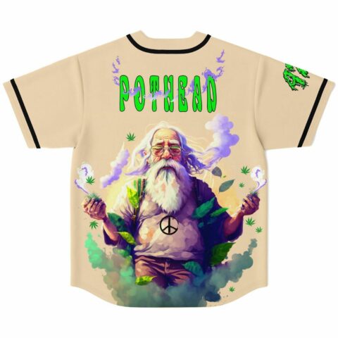 Pothead baseball jersey back view with bearded stoner graphic and smoke swirls in cream