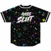 Black scattered star rave jersey back view showing bold Bass Slut graphic among colorful sparkles