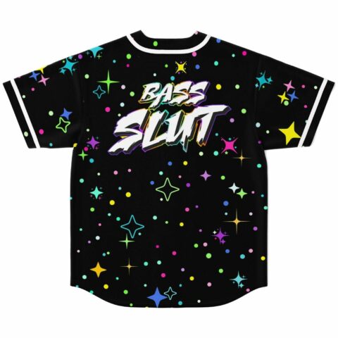 Black scattered star rave jersey back view showing bold Bass Slut graphic among colorful sparkles