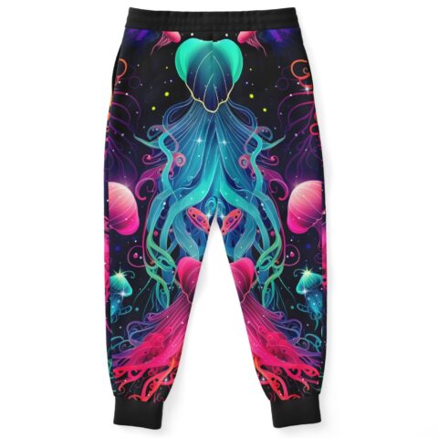 Bioluminescent rave joggers back view showing teal jellyfish silhouette and glowing tentacle trails