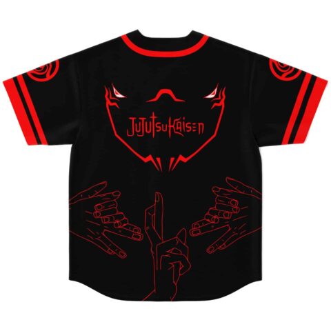 Back view showing demonic eyes and jujutsu kaisen text with cursed hand signs