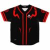 Black red demonic rave baseball jersey with clawed fang graphic front view