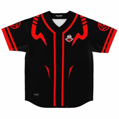 Black red demonic rave baseball jersey with clawed fang graphic front view