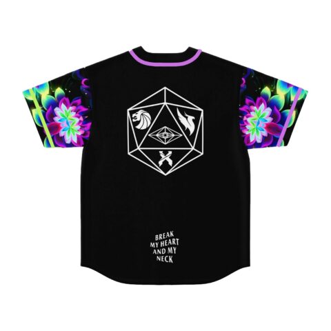 Back of rave jersey with geometric icosahedron graphic, Break My Heart And My Neck text