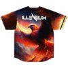 Flaming phoenix graphic covers the back of a rave baseball jersey with bass-inspired wordmark