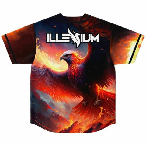 Flaming phoenix graphic covers the back of a rave baseball jersey with bass-inspired wordmark