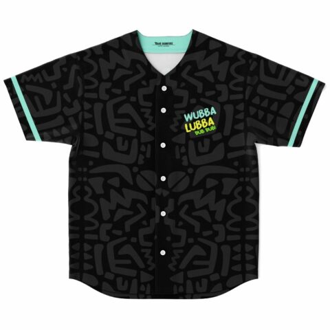 Black abstract doodle rave baseball jersey with mint trim and Wubba Lubba Dub Dub chest