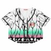 Black vine design over a gradient color scheme on this rave cropped baseball jersey