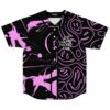 black pink split rave baseball jersey with melted acid swirl and smiley pattern front view