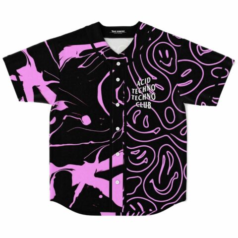 black pink split rave baseball jersey with melted acid swirl and smiley pattern front view