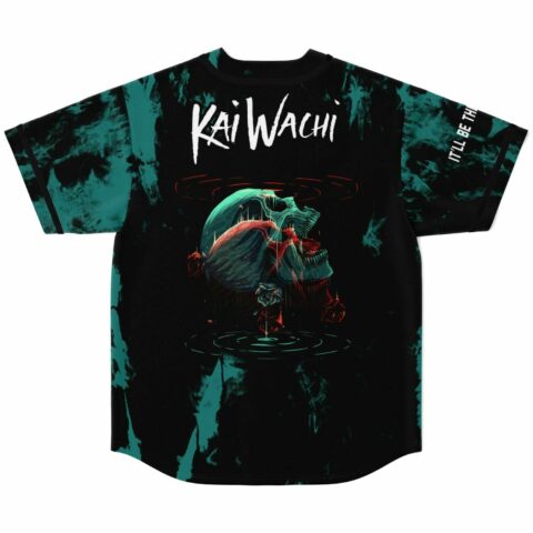 Back view of skull and rose graphic with Kai Wachi text on tie-dye jersey