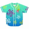 Teal to blue ombre jersey with cartoon sponge riding jellyfish and flower print, front