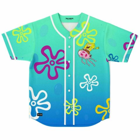 Teal to blue ombre jersey with cartoon sponge riding jellyfish and flower print, front