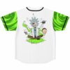 White baseball jersey back with cartoon-inspired scientist meditating in green smoke design and portal-swirl sleeves