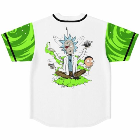 White baseball jersey back with cartoon-inspired scientist meditating in green smoke design and portal-swirl sleeves