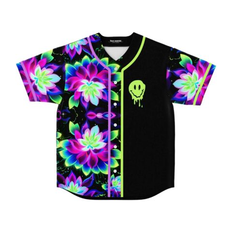 Neon lotus rave baseball jersey with dripping smiley face on black front panel