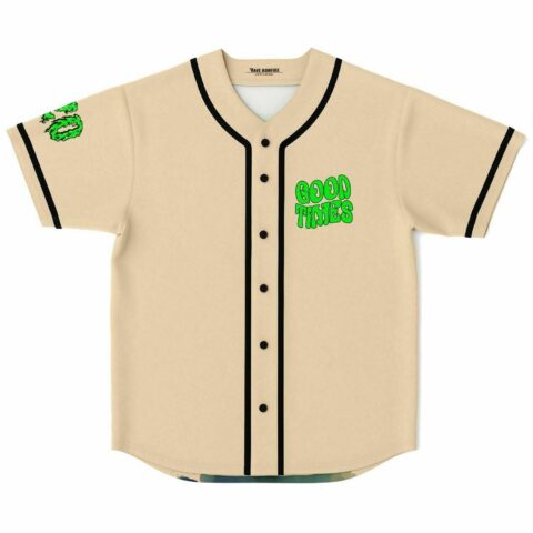Cream cannabis rave baseball jersey front view with Good Times print and green dragon sleeve
