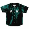 Teal and black tie-dye rave baseball jersey with KW logo front view