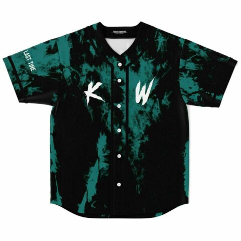 Teal and black tie-dye rave baseball jersey with KW logo front view