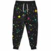 Black scattered sparkles rave joggers with colorful star and dot print front view flat lay
