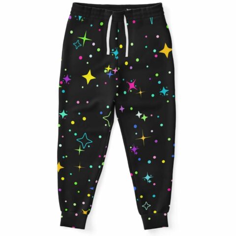 Black scattered sparkles rave joggers with colorful star and dot print front view flat lay