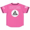 Bright pink rave jersey back view with Chris Lake text and geometric emblem