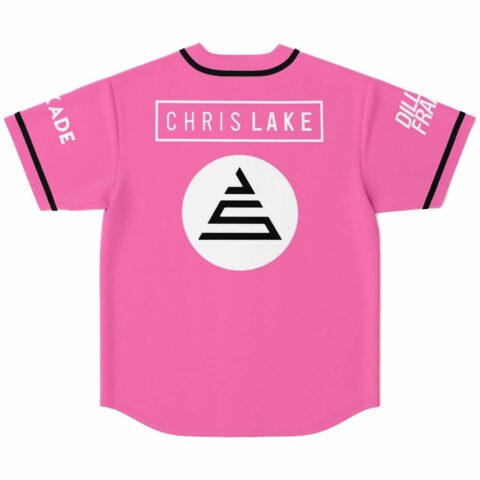 Bright pink rave jersey back view with Chris Lake text and geometric emblem