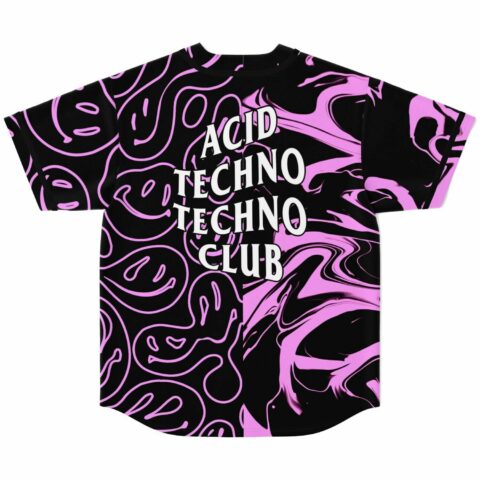 back view of black pink acid techno techno club jersey with warped smiley print