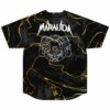 Back view of black gold liquid marble jersey with horned skull graphic and Marauda text