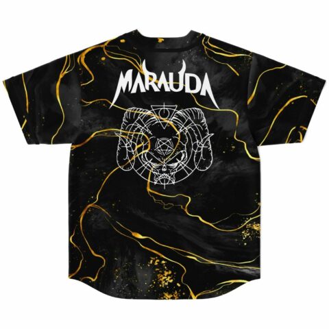 Back view of black gold liquid marble jersey with horned skull graphic and Marauda text