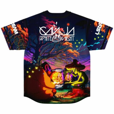 Ganja White Night mushroom campfire jersey back with glowing geometric orbs and neon forest