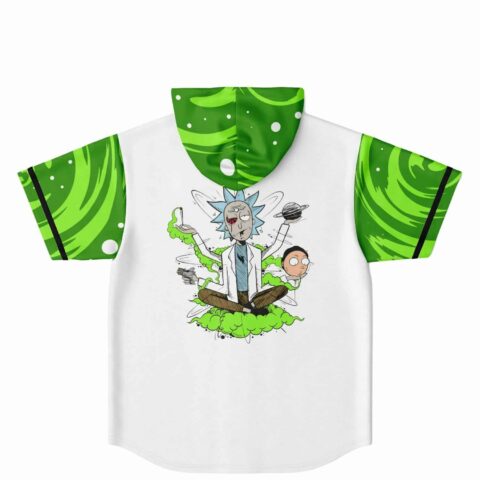Meditating mad scientist cartoon graphic with green smoke on white jersey back, hood down
